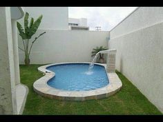 a small swimming pool in the middle of a yard with green grass and plants around it