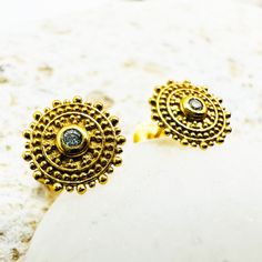 "These sophisticated elegant intricate GOLD MANDALA stud earrings will transition easily from day to evening, Round Earrings easily matching up with a variety of styles! Will be perfect for any ocassion .  ♡ DETAILS  Studs: 0.31\" (8 mm ) Material: gold plated 24 k 925 Sterling Silver, zircon The earring backs included. ♡ BUYING AS A GIFT? Each item is  perfectly wrapped for gift giving or as a wonderful present for you! Your Jewelry will come in a gift box, ready to gift. All orders have a litt Gold Plated Diamond Earrings As Gift, Gold Plated Round Diamond Earrings As Gift, Gold Plated Plug Earrings For Anniversary, Gold Cubic Zirconia Earrings As Gift, Gold Cubic Zirconia Diamond Earrings As Gift, Gold Diamond Earrings With Intricate Design For Anniversary, Gold Plated Plug Earrings As Gift, Gold Drop Diamond Earrings For Gift, Gold Cubic Zirconia Diamond Earrings For Gifts