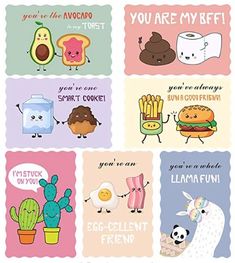 four different greeting cards with cartoon food and words on the front, one says you are my