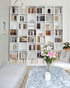 a living room filled with furniture and bookshelves covered in white bookcases