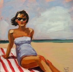 a painting of a woman sitting on top of an american flag blanket at the beach