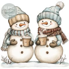 two snowmen with hats and scarfs holding cups