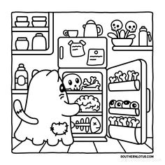 a cartoon bear is looking in the fridge for food to be eaten by his friend