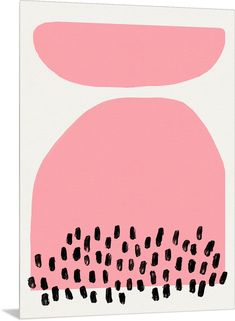 a pink and black abstract painting on white paper with dots in the center, against a light pink background