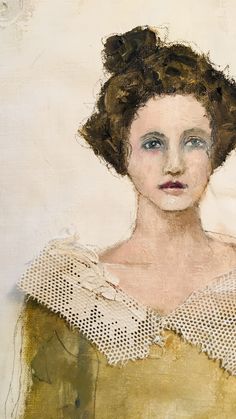 an oil painting of a woman wearing a yellow dress with white lace on her shoulders