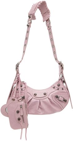 Crinkled Arena lambskin shoulder bag in pink. · Pin-buckle shoulder strap · Detachable zip pouch at shoulder strap · Detachable mirror · Studs and pin-buckle straps at face · Gathering at face · Zip closure · Cotton canvas lining · Antiqued silver-tone hardware · H5.5 x W10 x D2.5 in Supplier color: Powder pink Pink Balenciaga Bag, Pink Balenciaga, Balenciaga Clothing, Heart Mirror, Balenciaga Logo, Balenciaga Bag, Mood Board Fashion, Care Card, Powder Pink