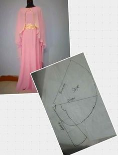 the dress is pink and has yellow lace on it, along with an image of a mannequin's head