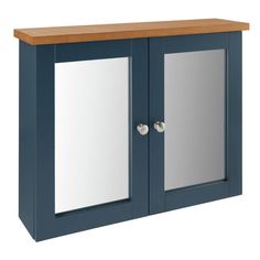 a blue cabinet with two doors and a wooden top