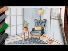 a drawing of a living room with a blue chair and potted plant in the corner