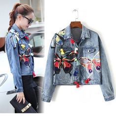 Trendy Fashion Womens Colorful Butterfly Embroidered Jeans Jacket Denim Coats Boyfriend Outwear, Womens Coat Denim Jacket Embroidery, Embroidered Jean Jacket, Denim Coat Women, Embellished Denim Jacket, Embellished Jacket, Diy Fashion Clothing, Jacket Denim, Colorful Butterfly, Embellished Denim