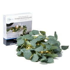 a bunch of green leaves sitting on top of a white table next to a box