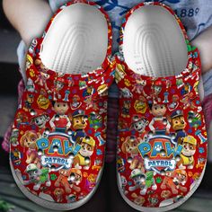 Paw Patrol Cartoon White Red Clogs Shoes Fun Synthetic Clogs With Rubber Sole, Casual Red Clogs With Rubber Sole, Red Synthetic Slippers, Red Non-slip Clogs With Round Toe, Casual Slip-on Clogs With Red Sole, Casual Clogs With Red Sole And Round Toe, Red Slip-on Casual Clogs, Casual Red Slip-on Clogs, Red Non-slip Casual Clogs