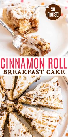 cinnamon roll breakfast cake on a white plate with a bite taken out of the top