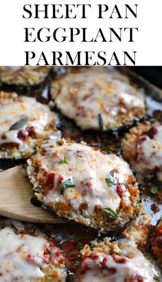 an eggplant parmesan with cheese and sauce on top in a skillet