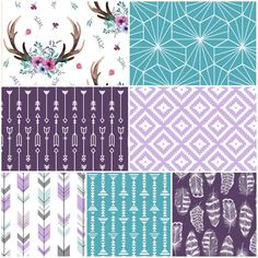 four different patterns in shades of purple, blue and white with deer antlers on them