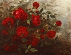 a painting of red roses in a vase