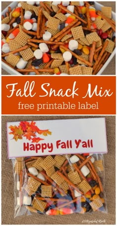 fall snack mix with free printable label in the middle and an image of happy fall y'all