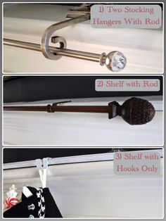 three pictures showing how to hang curtains with rod ends and hooks on the curtain rods