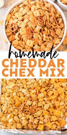 homemade cheesy snack mix in a white bowl with the title text above it