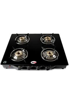 a black stove top with four burners on the front and two plates on the back