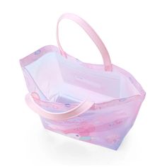 a pink plastic bag with handle and handles on the inside, sitting in front of a white background