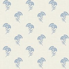 a white and blue wallpaper with small green flowers on the left side of it