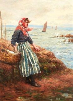 a painting of a woman holding a basket by the water