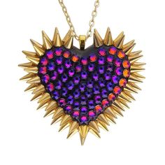 Classic Spiked & Paved Heart Necklace in Volcano Multicolor Party Necklaces For Valentine's Day, Multicolor Heart Charm Necklace For Party, Multicolor Heart Pendant Jewelry For Parties, Iridescent Heart Pendant Jewelry For Valentine's Day, Purple Heart Shaped Necklace For Party, Crimson Red, Crystal Chain, Golden Yellow, Shades Of Purple