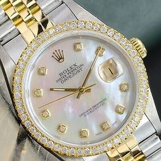 ad eBay - ROLEX MENS DATEJUST 18KY GOLD & STEEL WHITE MOP DIAL DIAMOND BEZEL WATCH 16013 - Buy Now, click the link (eBay) Mens Rolex Rings, Rolex Gold Watch Men, Luxury White Diamond Watch With Date Display, White Luxury Diamond Watch With Date Display, White Diamond Watch With Date Display For Anniversary, Elegant White Diamond Watch With Date Display, Gold Rolex Mens, Rolex Bracelet, Rolex Diamond