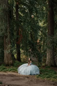 a woman in a blue dress sitting on the ground surrounded by trees