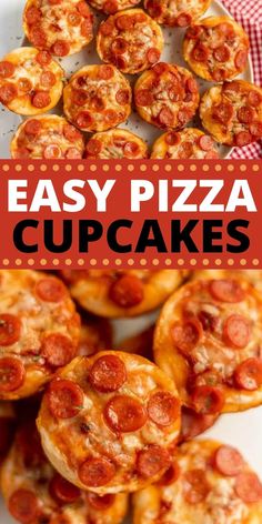 easy pizza cupcakes with pepperoni and cheese on top are ready to be eaten