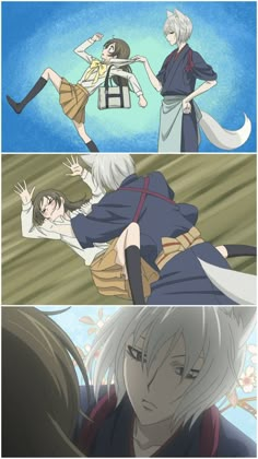 two anime characters, one with white hair and the other with grey hair in different poses