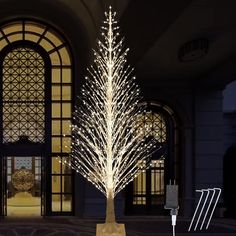 a lighted christmas tree in front of a building