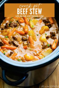 a crock pot beef stew with carrots and potatoes in the slow cooker