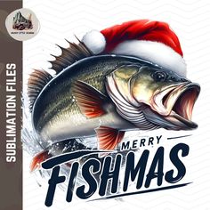 a fish with a santa hat on it's head and the words merry fishing