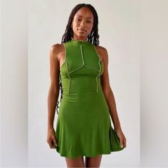 Urban Outfitters New With Tags Retail $55 Women’s Size Medium Deja Seamed Mini Dress In The Color Green, A Vibrant Grass Green Color With Contrasting Pale Olive Seamed Stitched Along The Hems And Through The Chest / Bust And Bodice. Lettuce Hem At The Mock-Neckline. (More Colors And Sizes Available In My Closet!) Mini Dress From Uo With Seamed Details At The Front And Back. Cut Short With A Mock Neckline And A Fitted Bodice That Blends Into An A-Line Mini Skirt. Finished With A Cutout At The Bac Trendy Green Sleeveless Mini Dress, Green Fitted Sleeveless Casual Dress, Casual Fitted Green Sleeveless Dress, Green Mini Dress By Urban Outfitters, Green Mini Dress From Urban Outfitters, Urban Outfitters Casual Sleeveless Mini Dress, Urban Outfitters Green Mini Dress, Chic Sleeveless Mini Dress By Urban Outfitters, Urban Outfitters Green Sleeveless Mini Dress