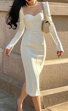 Elegant Midi Dresses Classy Chic, Elegant Midi Dress Classy, White Dress Outfits, Tea Length Homecoming Dresses, White Dress Classy, White Midi Dress Bodycon, Dress Outfits Party, White Dress Outfit, Elegant Midi Dress