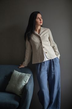 "This classic linen jacket is tailored from the highest quality soft-washed linen. Slightly fitted is perfect for effortless layering.  Can be paired with different pieces of clothing from mini dress to jeans to get the elegant or semi-casual look. Details and care: No lining Front buttons closure Classic lapels Long sleeves Front patch pockets 100% washed Lithuanian linen Dry clean or gentle hand wash. SIZE CHART:  XS-4 US/ 6UK/ 36 EU: Bust 33\" (84 cm) , Waist 25\" (63,5 cm), Hips 36\" (92 cm)  S-6 US/ 8UK/ 38 EU: Bust 35\" (88 cm) , Waist 26,5\" (67,5 cm), Hips 38\" (96 cm) M-8 US/ 10UK/ 40 EU: Bust 36\" (92 cm), Waist 28\" (72 cm), Hips 39\"(100 cm) L-10 US/ 12UK/ 42 EU: Bust 38,4 \" (96 cm) , Waist 30,4\" (76 cm), Hips 41,6\" (104 cm) The model is 1,74 cm (69.6 inches) in height and i Linen Single Button Blazer For Office, Single Button Linen Blazer For Office, Classic Linen Blazer With Pockets, Elegant Single Button Linen Sport Coat, Classic Linen Blazer For Office, Classic Linen Sport Coat For Work, Classic Linen Office Blazer, Office Linen Blazer With Pockets, Classic Linen Workwear Blazer