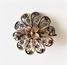 a gold brooch with intricate filigrees on it's back side