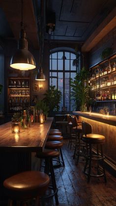 a dimly lit bar with wooden tables and stools