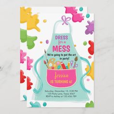 an apron birthday party card with the words dress for a mess in pink and blue