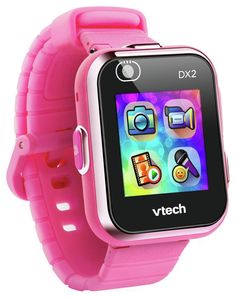 a child's smart watch with pink rubber band and various icons on the screen