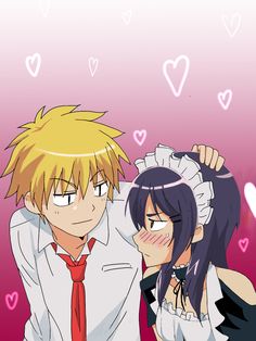 two anime characters are posing for the camera with hearts in the background and one is wearing a red tie