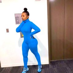 Blue Stacker Pants Jumper Trendy Fitted Blue Pants, Trendy High Stretch Blue Pants, High Stretch Blue Pants For Loungewear, Turtle Neck Long Sleeve, Jumpsuit Casual, Plain Jane, Casual Jumpsuit, Dope Outfits, Swag Outfits