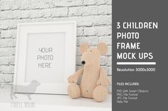 a teddy bear sitting on top of a shelf next to a white frame with the words'your photo frame mock up '