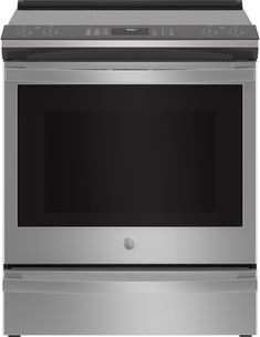 a silver oven with the door open and an electronic display on it's side