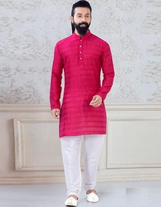 Rani  Kurta sequence work on silk  Chudidaar Silk Churidar, Mens Indian Wear, Georgette Kurta, Design Kurta, Angrakha Style, Rani Pink, Kurta Men, Mens Fashion Illustration