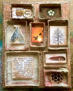 altered collage with pictures and words on it's sides, including an image of a tree