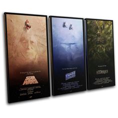 three star wars movie posters are hanging on the wall next to each other in front of a white background