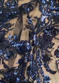 black and blue beaded mesh fabric with sequins